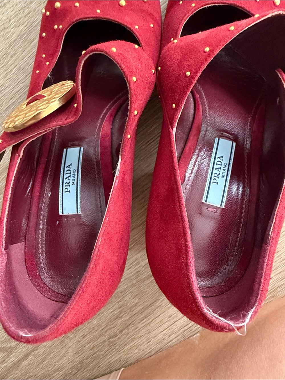 Prada Red Suede Mary Jane Heels with Gold Studs and Sculpted Heel - Picture 12 of 13